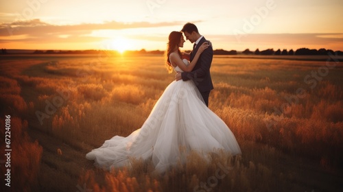Prewedding shoot young couple at beautiful field sunset sky.