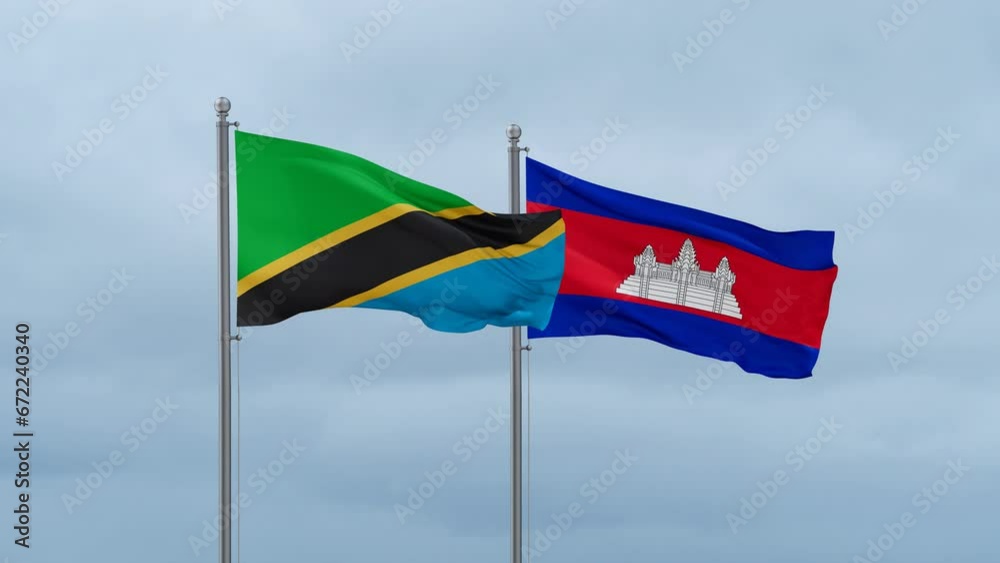 Cambodia flag and Tanzania flag waving together on cloudy sky, endless seamless loop, two country relations concept Cambodia flag and Tanzania flag waving together on cloudy sky, endless seamless loop, two country relations concept