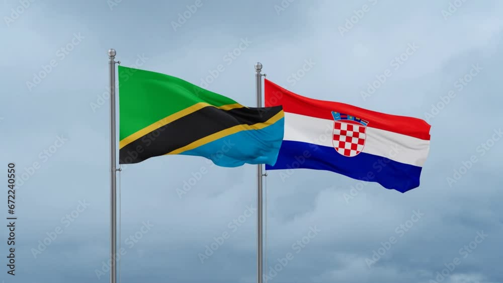 Croatia and Tanzania flag waving together on cloudy sky, endless seamless loop, two country cooperation concept Croatia and Tanzania flag waving together on cloudy sky, endless seamless loop, two country cooperation concept