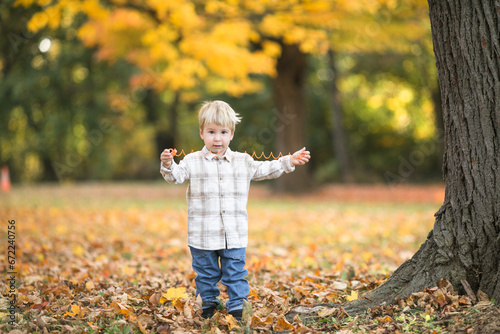 Cute little boy playing with maple leaves outdoors. Happy child walking in autumn park. Toddler baby boy wears trendy jacket . smiling Blonde boy portrait