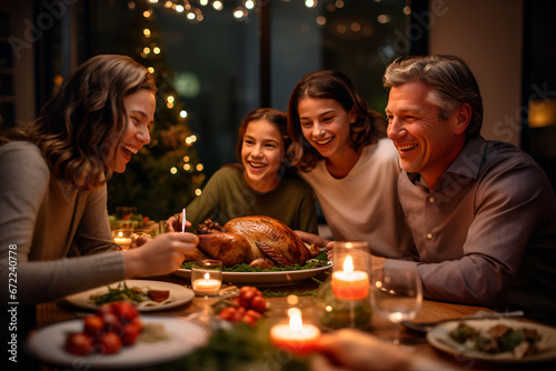 A family coming together around the Christmas table with a delectable turkey