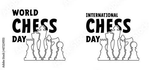 International or world chess day. Chess pieces tower horse bishop, king queen Chess Board Setup Vector icon or symbol pieces Flat style the starting positions figures pieces. Square checker board.