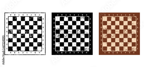 Old checker board. Chess pieces tower horse bishop, king queen Chess Board Setup Vector icon or symbol pieces Flat style the starting positions figures silhouette. Square checker