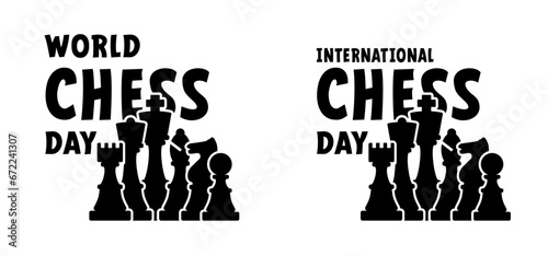 International or world chess day. Chess pieces tower horse bishop, king queen Chess Board Setup Vector icon or symbol pieces Flat style the starting positions figures pieces. Square checker board.