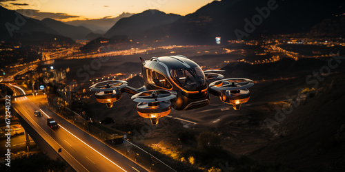 Leinwand Poster Futuristische moderne Luft Taxi Drohne für Passagiere im Querformat für Banner,
