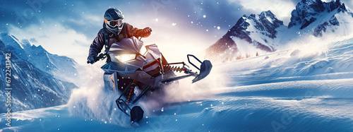 Snowmobile rider rides fast through snowy winter landscape. Postproducted generative AI illustration.	 photo