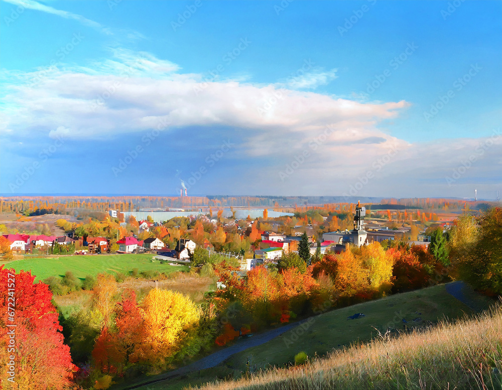 Autumn landscape, panorama, banner - panorama of the town