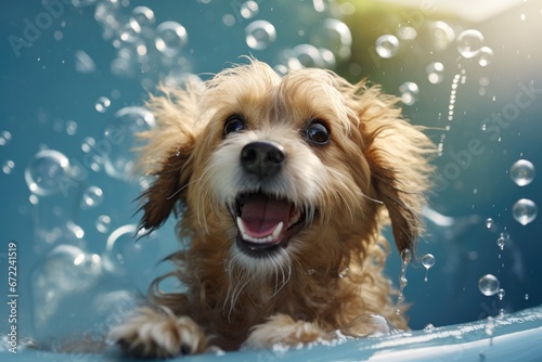 A cute little puppy dog taking a bubble bath in the bathtub