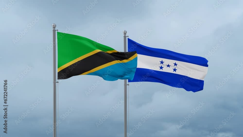 Honduras flag and Tanzania flag waving together on cloudy sky, endless seamless loop, two country relations concept Honduras flag and Tanzania flag waving together on cloudy sky, endless seamless loop, two country relations concept