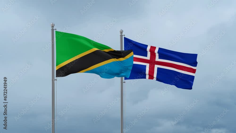 Iceland and Tanzania flag waving together on cloudy sky, endless seamless loop, two country cooperation concept Iceland and Tanzania flag waving together on cloudy sky, endless seamless loop, two country cooperation concept