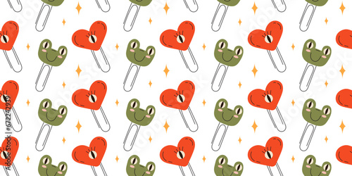 Seamless pattern with childrens paper clips on a white background. paper clip frog. Pattern for wrapping paper print on fabric. Vector stock illustration in hand drawn style.