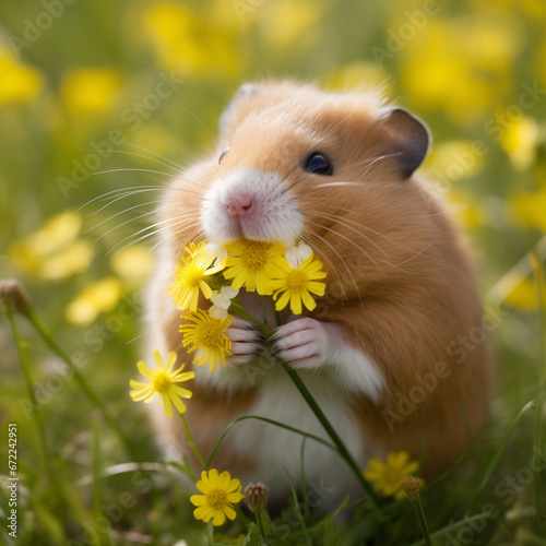 a hamster with cheeks that eats a dandelion in a field of flowers