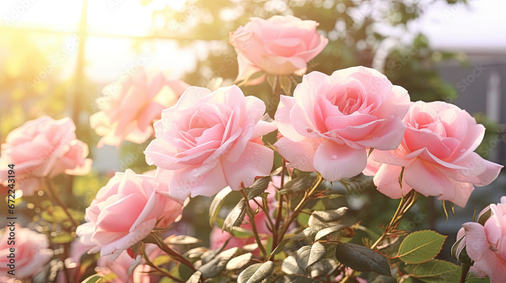  a bush of pink roses in a garden with the sun shining through the leaves.  generative ai