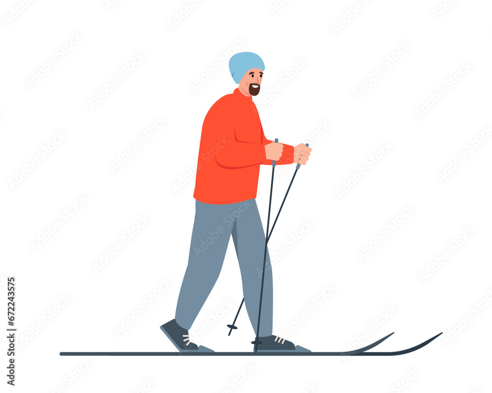 Happy man in warm clothes ski in winter cold weather. Cross-country skiing guy. Healthy active lifestyle and winter leisure activities. Vector character flat illustration isolated on white background.