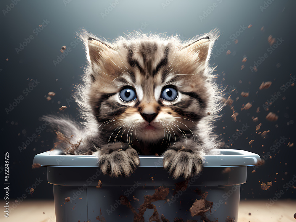adorable little kitty cat in dirty litter isolated. ginger kitten with