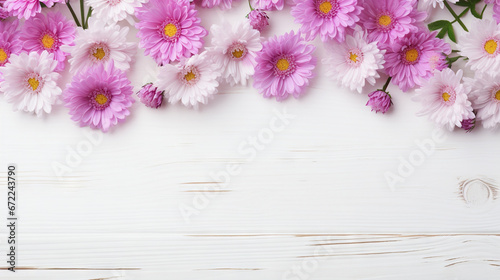  a bunch of pink and white flowers on a white wooden background.  generative ai