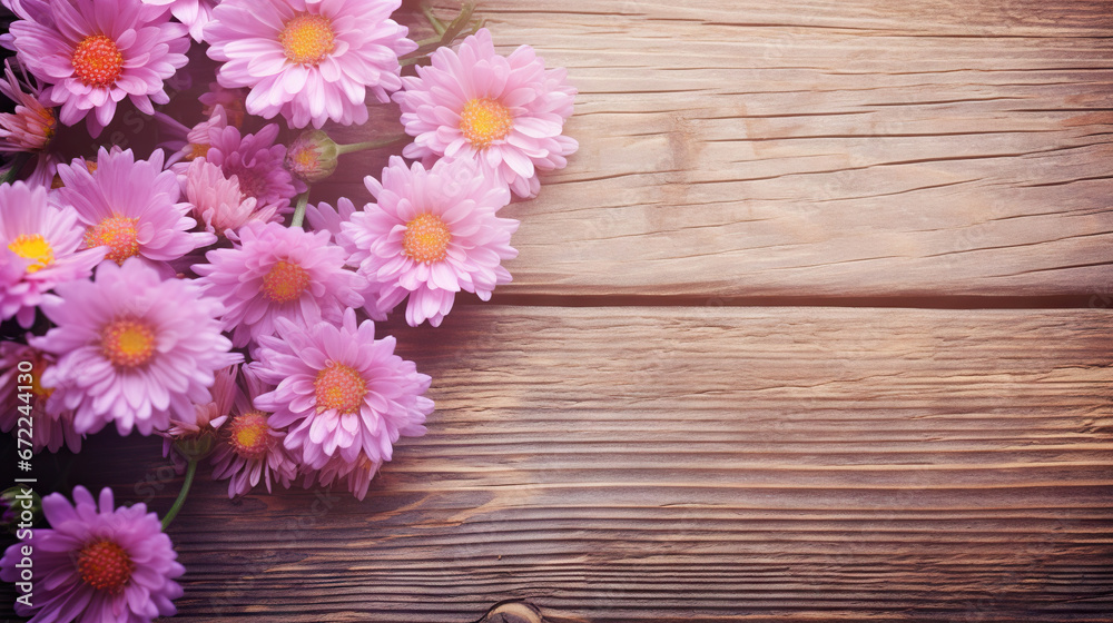  a bunch of pink flowers on a wooden table with a space for text.  generative ai