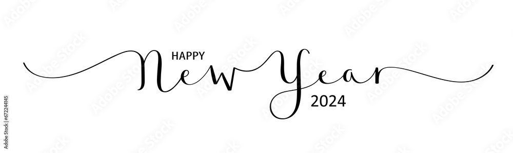 Obraz premium HAPPY NEW YEAR 2024 black vector brush calligraphy banner with swashes on white background