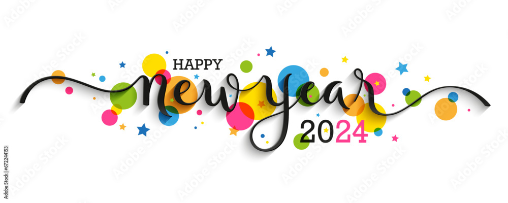 HAPPY NEW YEAR 2024 black vector brush calligraphy banner with colorful circles on white background