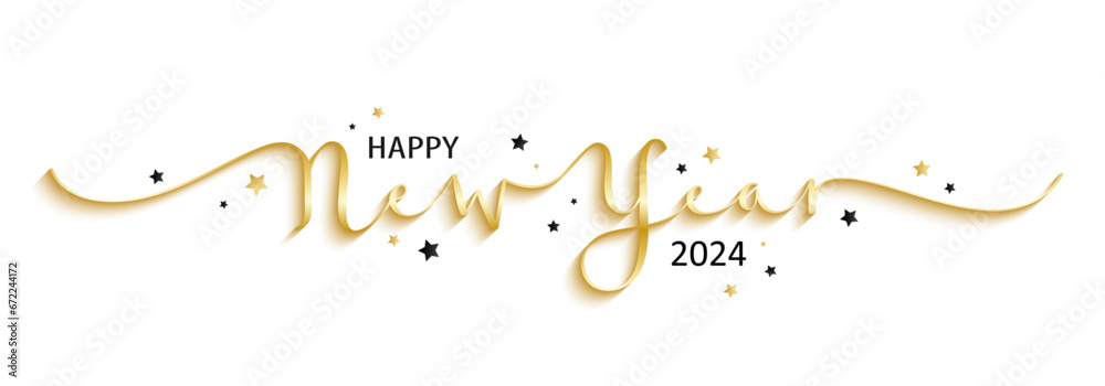 HAPPY NEW YEAR 2024 metallic gold vector brush calligraphy banner with ...
