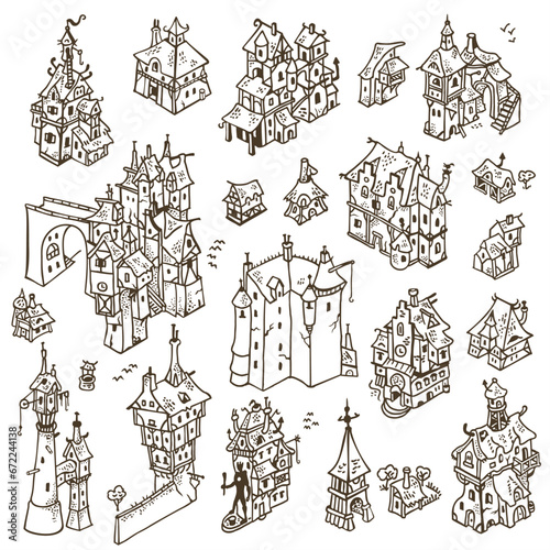 Strange Fantasy City and Line Art Building Hand Draw Vector Illustrations, Trees, 
Map Builder
