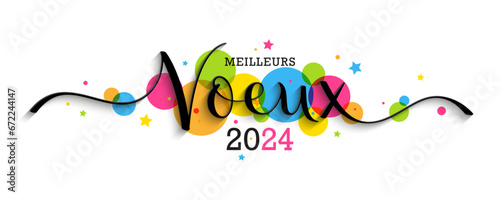 MEILLEURS VOEUX 2024 (HAPPY NEW YEAR 2024 in French)  black vector brush calligraphy banner with colorful circles on white background