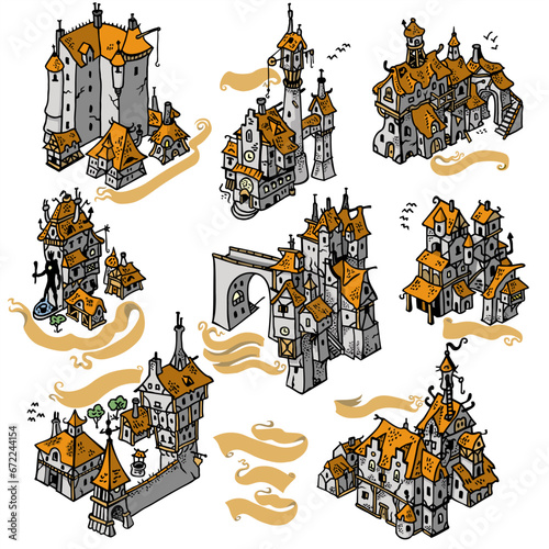 Strange Fantasy City and Line Art Building Hand Draw Vector Illustrations, Trees, 
Map Builder
