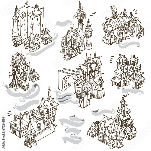 Strange Fantasy City and Line Art Building Hand Draw Vector Illustrations, Trees, 
Map Builder
