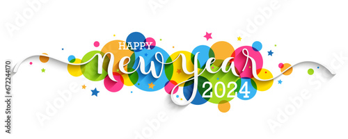 HAPPY NEW YEAR 2024 white vector brush calligraphy banner with colorful circles on white background