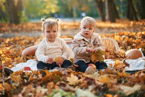 Front view. Two cute little kids are sitting in the park on the autumn fallen leaves and butternut squash