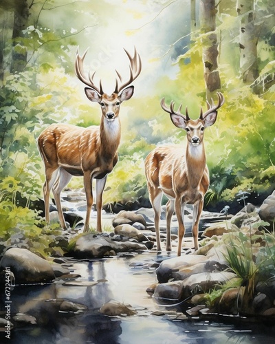 AI generated illustration of two majestic deer standing next to a stream in a lush forest