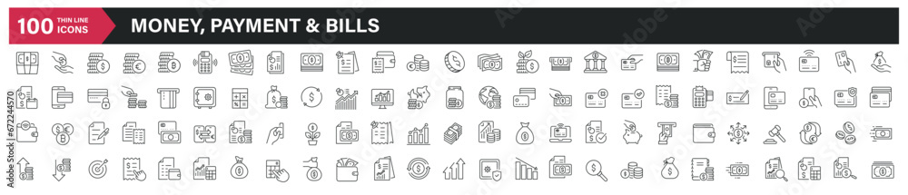 Money, payment and bills thin line icons. Editable stroke. For website marketing design, logo, app, template, ui, etc. Vector illustration.