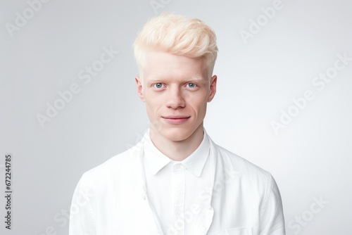 Portrait of albino male model with pale skin and white hair over light grey background