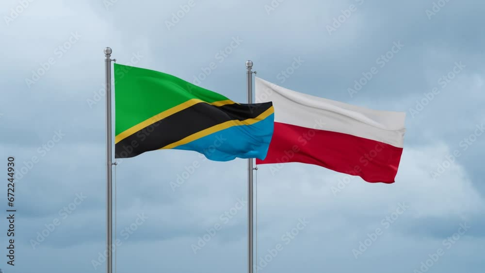 Poland and Tanzania flag waving together on cloudy sky, endless seamless loop, two country cooperation concept Poland and Tanzania flag waving together on cloudy sky, endless seamless loop, two country cooperation concept