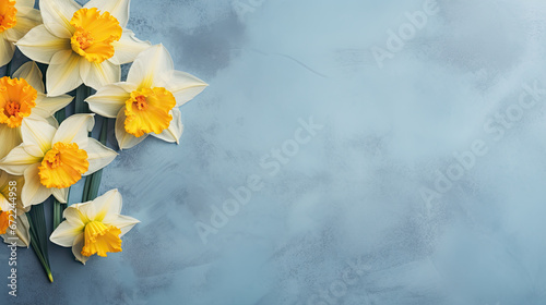  a bunch of yellow and white daffodils on a blue background. generative ai