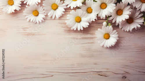  a bunch of white daisies on a wooden background with space for text. generative ai