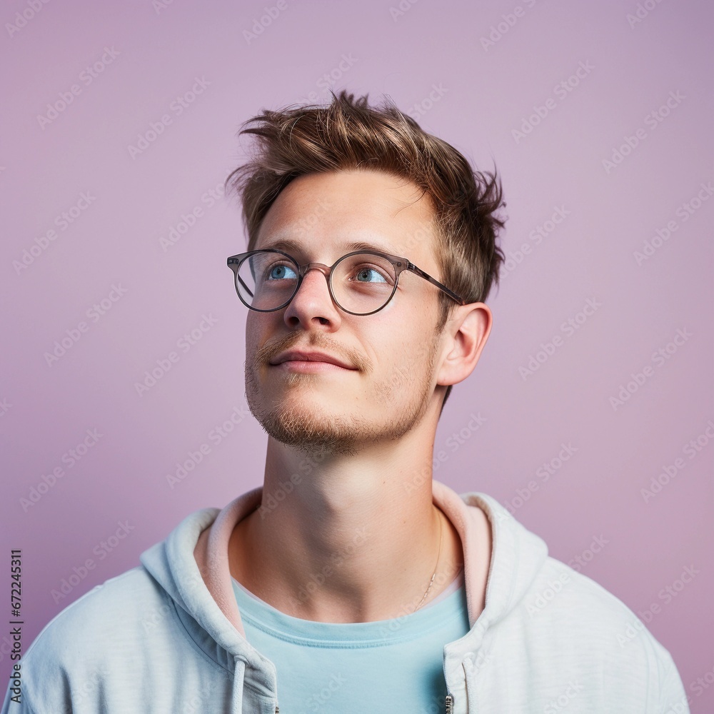 Portrait of a white male wearing glasses with Blissful expression against pastel background with space for text, background image, AI generated Portrait of a white male wearing glasses with Blissful expression against pastel background with space for text, background image, AI generated