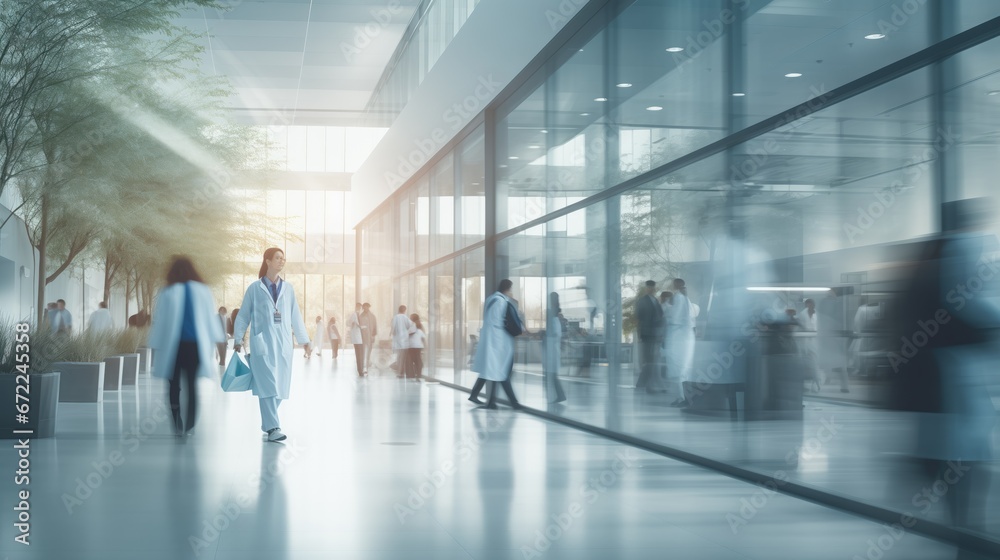 blurred doctors and patients walking in hall of modern office or medical institution hospital