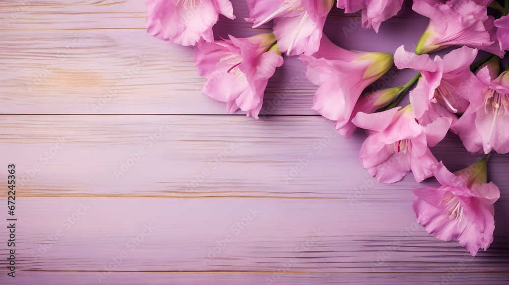 a bunch of pink flowers on a wooden surface with space for text. generative ai a bunch of pink flowers on a wooden surface with space for text. generative ai