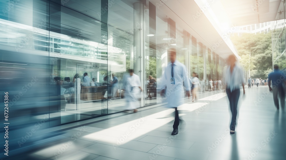 blurred doctors and patients walking in hall of modern office or medical institution hospital