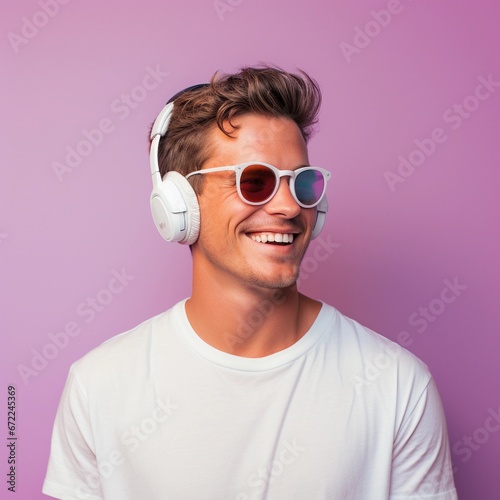 Portrait of a white male wearing headphone and sunglasses with Delighted expression against pastel background with space for text, background image, AI generated