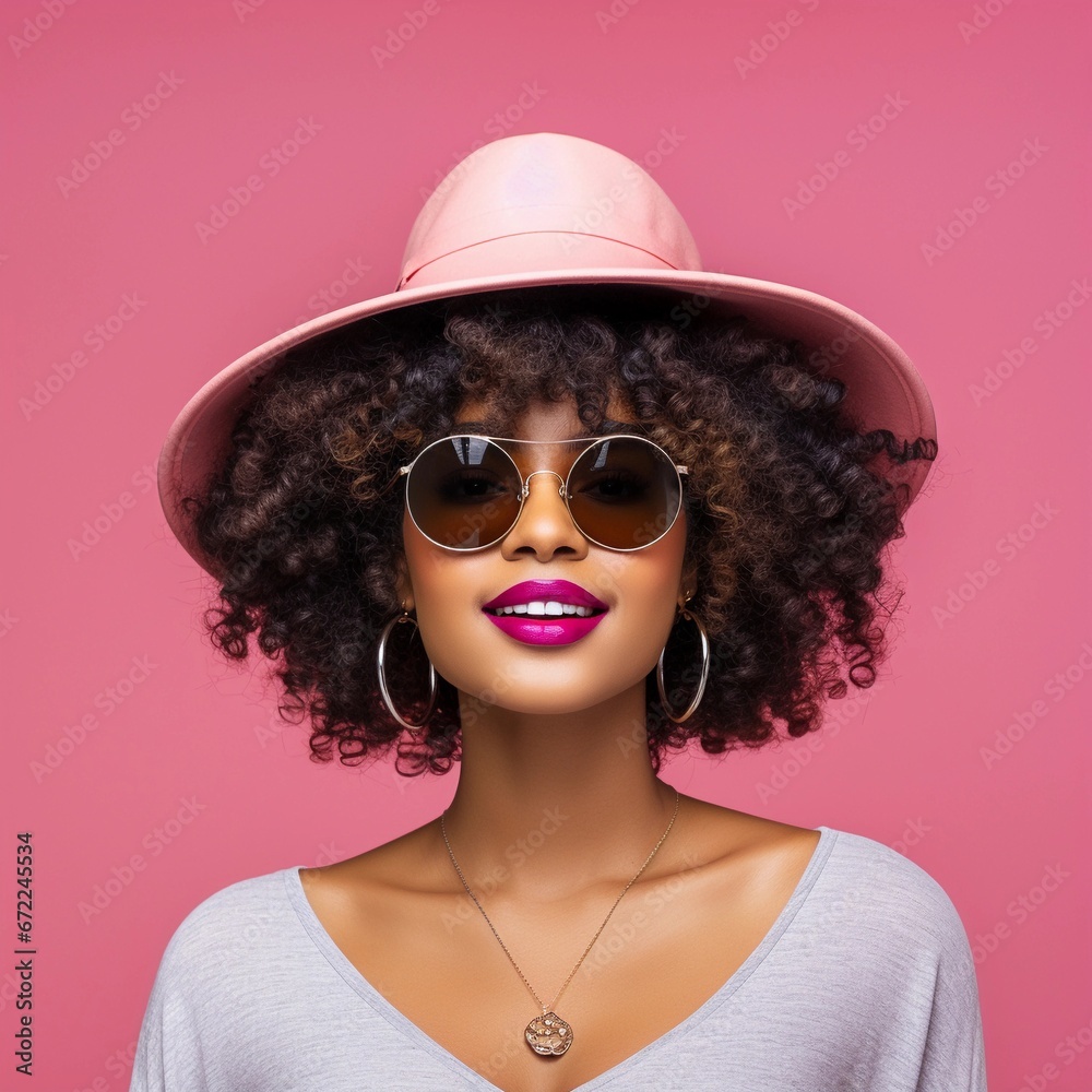 Portrait of an afro-american female wearing hat and sunglasses with Blissful expression against pastel background with space for text, background image, AI generated