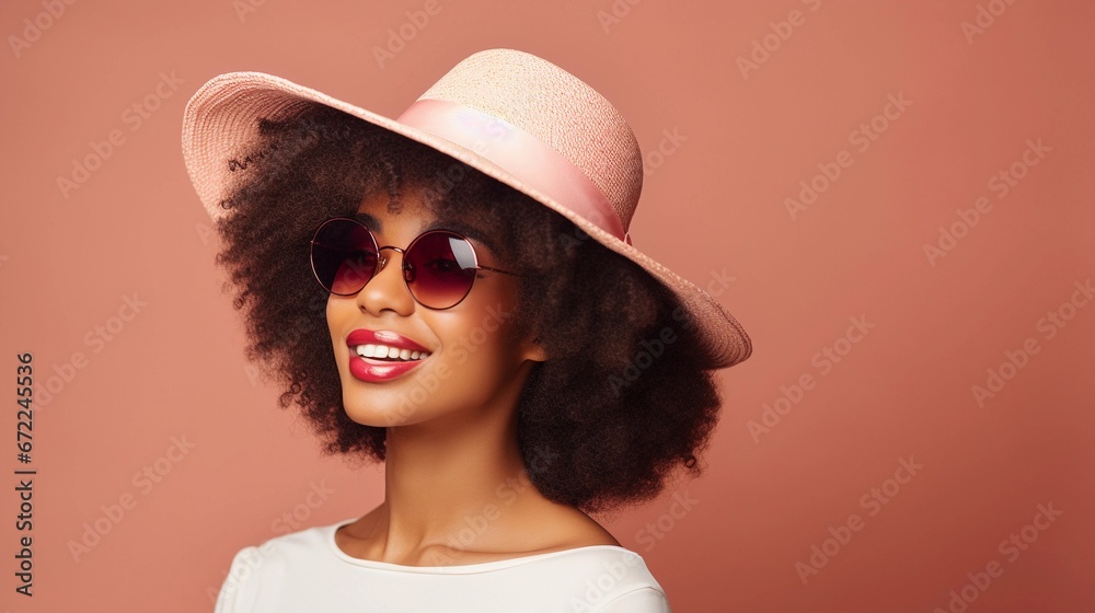 Portrait of an afro-american female wearing hat and sunglasses with Blissful expression against pastel background with space for text, background image, AI generated Portrait of an afro-american female wearing hat and sunglasses with Blissful expression against pastel background with space for text, background image, AI generated
