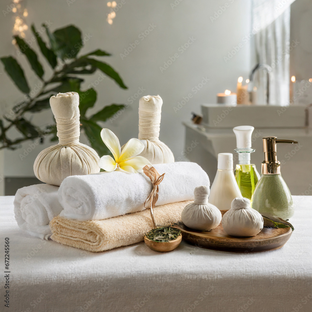 Towels with herbal bags and beauty treatment items setting in spa center in white room