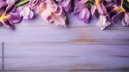  a bunch of purple flowers on a wooden table with a purple background.  generative ai