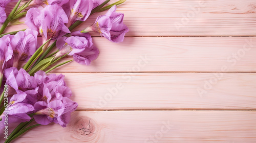  a bunch of purple flowers on a wooden table with a white background. generative ai