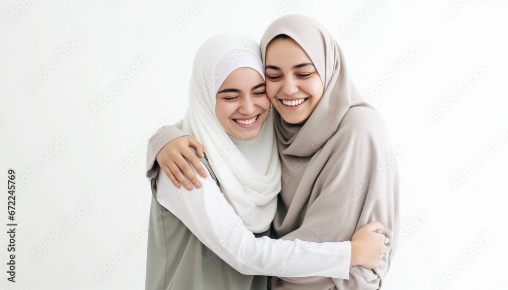 Young Islam girlfriends embrace and hugging each other wearing hijab. Isolated on white background. women in hijab hugging and smiling. Eid mubarak concept. Happy friends and Muslim Young Islam girlfriends embrace and hugging each other wearing hijab. Isolated on white background. women in hijab hugging and smiling. Eid mubarak concept. Happy friends and Muslim