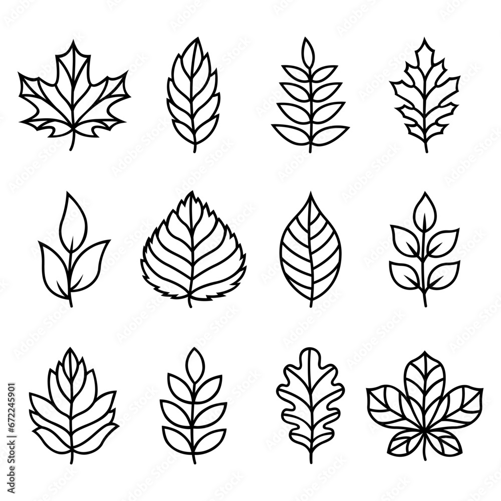 Autumn leaves silhouettes. Vector illustrations. Isolated on white background. Flat style. Simple plant outlines for paper or laser cutting and printing on any surface. - obrazy, fototapety, plakaty 