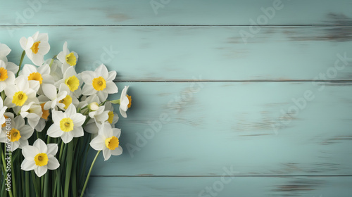  a bunch of white and yellow flowers on a blue background.  generative ai © Shanti
