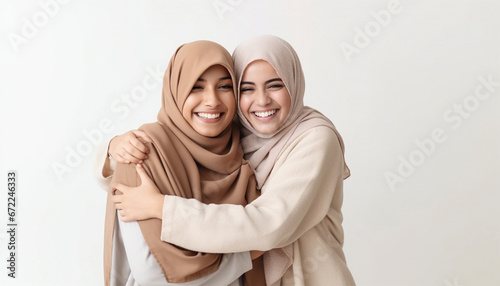 Young Islam girlfriends embrace and hugging each other wearing hijab. Isolated on white background. women in hijab hugging and smiling. Eid mubarak concept. Happy friends and Muslim photo